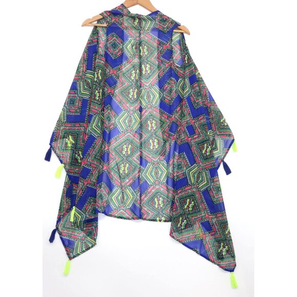 Blue Aztec Kimono Neon Tassels America & Beyond Lightweight Open Front Sz S Boho - Picture 7 of 8
